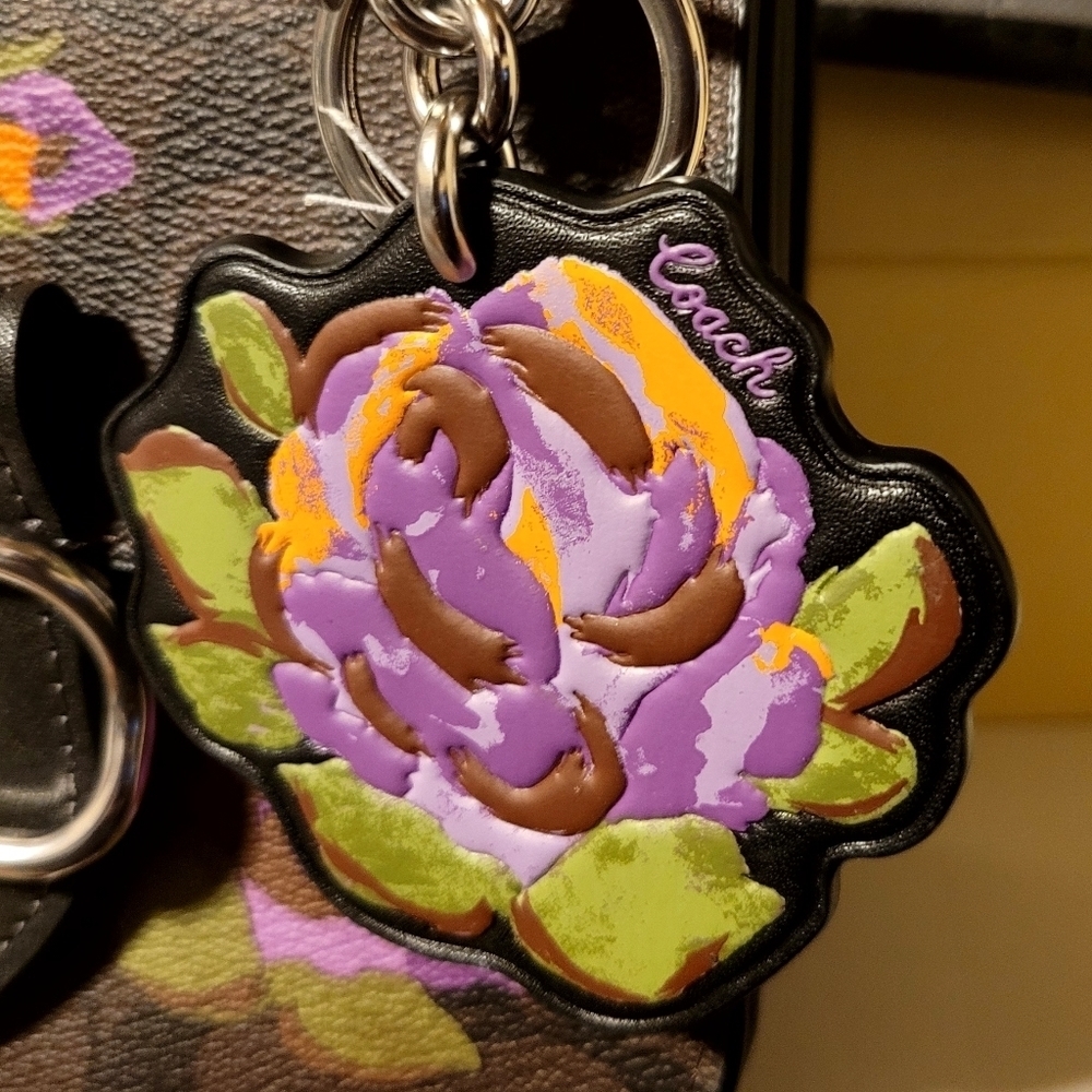 Coach Purple Floral Leather Key Bag chain - Picture 2 of 5